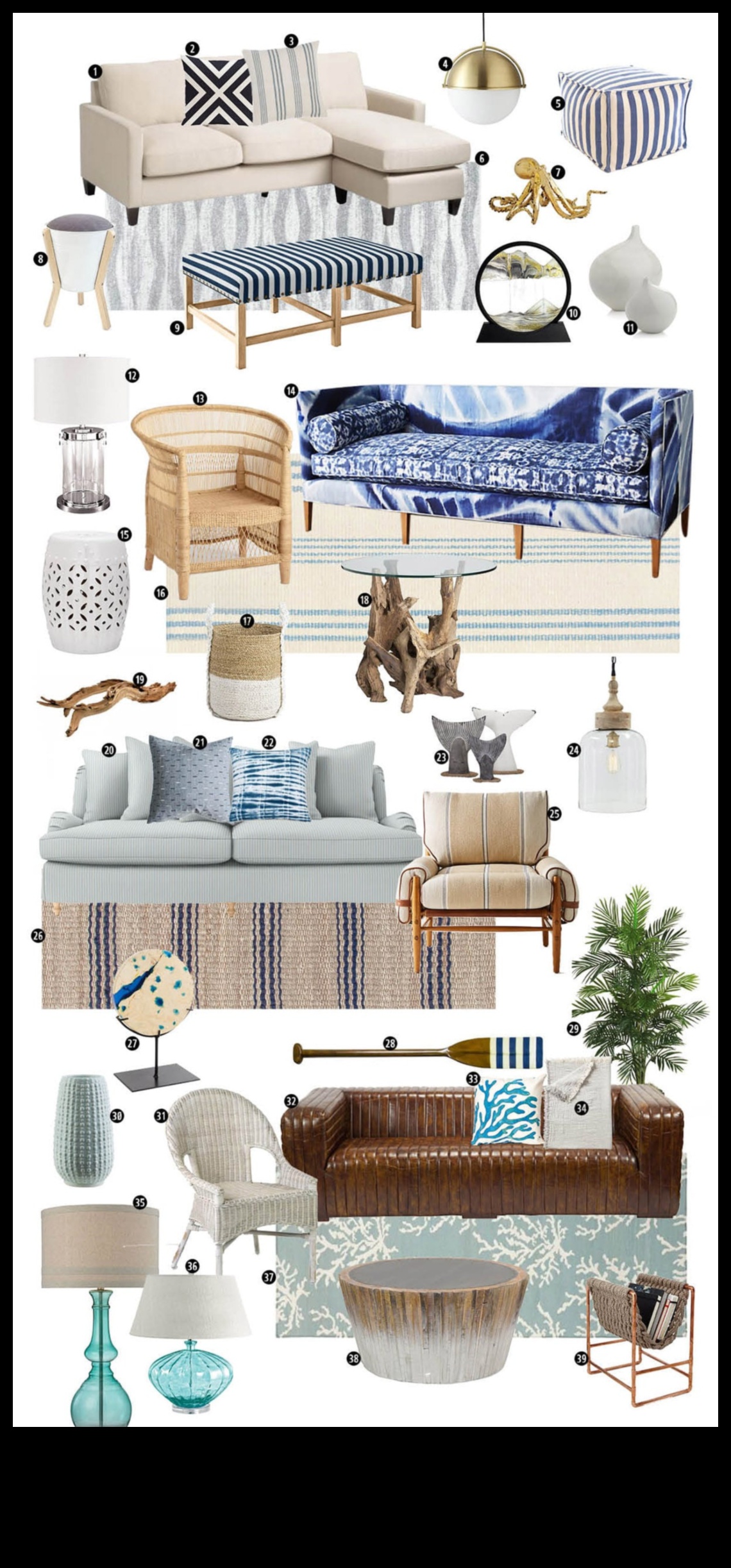 Puteți sugera modalități creative de a utiliza accente de aur în decorul de coastă?